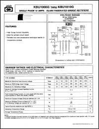 KBU1001G datasheet: Single phase 10.0 A glass passivated bridge rectifier. Max recurrent peak reverse voltage 100V. KBU1001G