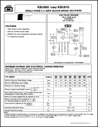 KBU801 datasheet: Single phase 8.0 A silicon bridge rectifier. Max recurrent peak reverse voltage 100V. KBU801