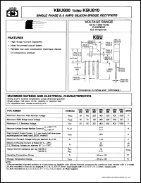 KBU806 datasheet: Single phase 8.0 A silicon bridge rectifier. Max recurrent peak reverse voltage 600V. KBU806