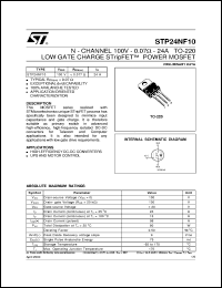 STP24NF10 datasheet: N-CHANNEL 100V - 0.07 OHM - 24A TO-220 LOW GATE CHARGE STRIPFET POWER MOSFET STP24NF10