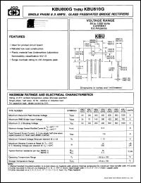 KBU802G datasheet: Single phase 8.0 A glass passivated bridge rectifier. Max recurrent peak reverse voltage 200V. KBU802G