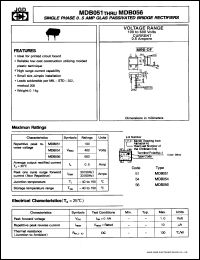 MDB051 datasheet: Single phase 0.5 A glass passivated bridge rectifier. Repetitive peak reverse voltage 100V. MDB051