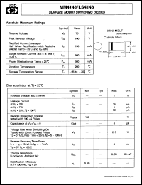 MM4148 datasheet: Surface mount switching diode. Peak reverse voltage 100V. Rectified current 150mA. MM4148