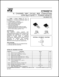 STB80NF10 datasheet: N-CHANNEL 100V - 0.014 OHM - 80A TO-262/TO-263 LOW GATE CHARGE STRIPFET POWER MOSFET STB80NF10