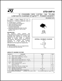 STD15NF10 datasheet: N-CHANNEL 100V - 0.073 OHM - 15A TO-252 LOW GATE CHARGE STRIPFET POWER MOSFET STD15NF10
