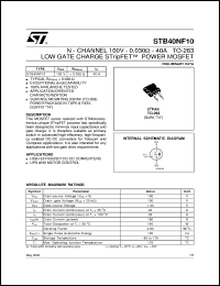 STB40NF10 datasheet: N-CHANNEL 100V - 0.030 OHM - 40A TO-263 LOW GATE CHARGE STRIPFET POWER MOSFET STB40NF10