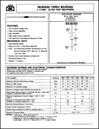 MUR405 datasheet: 4.0A ultra fast rectifier. Max recurrent peak reverse voltage 50V. MUR405