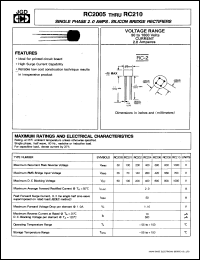 RC206 datasheet: Single phase 2 A. Single bridge rectifier. Max recurrent peak reverse voltage 600 V. Max average forward rectified current 2 A. RC206