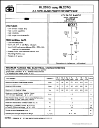 RL205G datasheet: Glass passivated rectifier. Max recurrent peak reverse voltage 600 V. Max average forward rectified current 2.0 A. RL205G