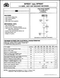 SFR201 datasheet: Soft fast recovery rectifier. Max recurrent peak reverse voltage 50 V. Max average forward current 2.0 A. SFR201