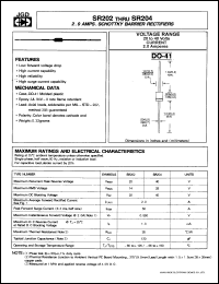 SR204 datasheet: Schottky barrier rectifier. Max recurrent peak reverse voltage 40 V. Max average forward current 2.0 A. SR204