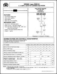 SR502 datasheet: Schottky barrier rectifier. Max recurrent peak reverse voltage 20 V. Max average forward current 5.0 A. SR502