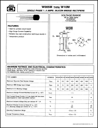 W01M datasheet: Single phase silicon bridge rectifier. Max recurrent peak reverse voltage 100 V. Max average forward rectified current 1.5 A. W01M