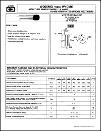 W02MG datasheet: Miniature single phase glass passivated bridge rectifier. Max recurrent peak reverse voltage 200 V. Max average forward rectified current 1.5 A. W02MG