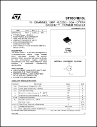 STB50NE10L datasheet: N-CHANNEL 100V - 0.020 OHM - 50A - D2PAK STRIPFET POWER MOSFET STB50NE10L
