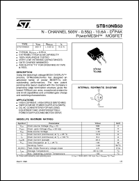 STB10NB50 datasheet: N-CHANNEL 500V - 0.55 OHM - 10.6A - D2PAK POWERMESH MOSFET STB10NB50