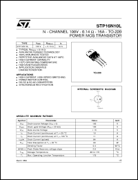 STP16N10L datasheet: N-CHANNEL 100V - 0.14 OHM - 16A - TO-220 POWER MOS TRANSISTOR STP16N10L