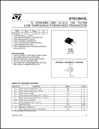 STD12N10L datasheet: N-CHANNEL 100V - 0.12 OHM - 12A TO-252 LOW THRESHOLD POWER MOS TRANSISTOR STD12N10L