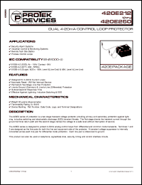 420E250 datasheet: 50V; dual 4-20mA control loop protector. For security alarm systems, industrial control & monitoring systems, remote tech site station, process control loops 420E250