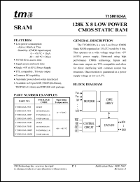 T15M1024A-100NI datasheet: -0.5 to 7V; 0.7W; 128 x 8 low power CMOS static RAM T15M1024A-100NI