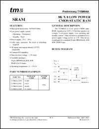 T15M64A-100J datasheet: 100ns; -0.5 to 7V; 0.7W; 8K x 8 low power CMOS static RAM T15M64A-100J