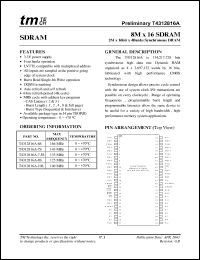 T4312816A-7.5S datasheet: 133MHz; 1.0 to 4.6V; 1.0W; 8M x 16 SDRAM: 2M x 16bit x 4banks synchronous DRAM T4312816A-7.5S