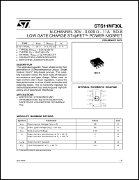 STS11NF30L datasheet: N-CHANNEL 30V - 0.009 OHM - 11A SO-8 LOW GATE CHARGE STRIPFET POWER MOSFET STS11NF30L