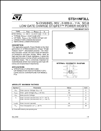 STS11NF3LL datasheet: N-CHANNEL 30V - 0.009 OHM - 11A SO-8 LOW GATE CHARGE STRIPFET POWER MOSFET STS11NF3LL