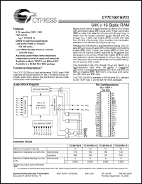 CY7C1021BV33-12ZC datasheet: 64K x 16 static RAM, 3.3V, 12ns CY7C1021BV33-12ZC