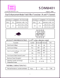 SDM8401 datasheet: 30V; 6A; 2.0W; dual enchanced mode field effect transistor (N and P - channel) SDM8401