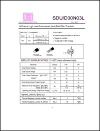SDU30N03L datasheet: 30V; 30A; 50W; N-channel logic level enchanced mode field effect transistor SDU30N03L