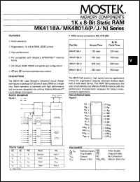 MK4118AP-4 datasheet: 1Kx8-bit static RAM, 250ns acces time, 250ns cycle time. MK4118AP-4