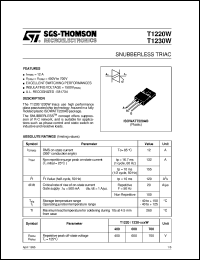 T1220W datasheet: SNUBBERLESS TRIAC T1220W