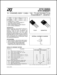 STW13NB60 datasheet: N-CHANNEL 600V - 0.48 OHM - 13A - TO-247/ISOWATT218 POWERMESH MOSFET STW13NB60