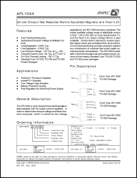 APL1084-GC-TUL datasheet: Adj, 5 A low dropout fast response positive adjustable regulator and fixed 3.3 V APL1084-GC-TUL