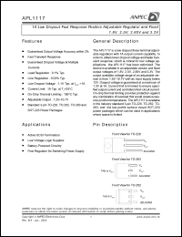 APL1117-FC-TU datasheet: Adj,  1 A low dropout fast response positive adjustable regulator and fixed APL1117-FC-TU