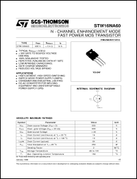 STW16NA60 datasheet: N-CHANNEL 600V - 0.33OHM - 16A FAST POWER MOS TRANSISTOR STW16NA60