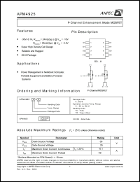 APM4925KC-TU datasheet: 30 V, P-channel enhancement mode MOSFET APM4925KC-TU