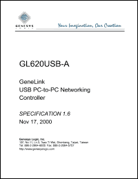 GL620USB-A datasheet: 3.3 V, genelink  USB PC-to-PC networking controller GL620USB-A