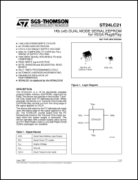 ST24LC21 datasheet: 1KB (X8) DUAL MODE SERIAL EEPROM FOR VESA PLUG&PLAY ST24LC21