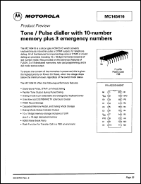 MC145416P datasheet: Tone/pulse dialler with 10-number memory plus 3 emergency numbers. MC145416P