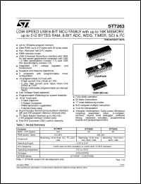 ST7263 datasheet: 8-BIT MICROCONTROLLER (MCU) FOR LOW SPEED USB WITH UP TO 16K MEMORY,UP TO 512 BYTES RAM, ADC, WDG, TIMER, SCI & I2C, SDIP32-SO34 ST7263