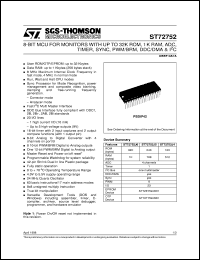 ST72752J6 datasheet: 8-BIT MICROCONTROLLER (MCU) FOR MONITORS WITH UP TO 32K ROM, 1K RAM, ADC, TIMER, SYNC, PWM/BRM, DDC DMA, I2C - PSDIP42 ST72752J6