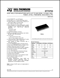 ST72753 datasheet: 8-BIT MICROCONTROLLER (MCU) FOR MONITORS WITH UP TO 32K ROM, 1K RAM, ADC, TIMER, SYNC, PWM/BRM, DDC DMA, I2C & PSO34 ST72753