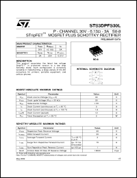 STS3DPFS30L datasheet: P-CHANNEL 30V - 0.13 OHM - 3A SO-8 STRIPFET MOSFET PLUS SCHOTTKY RECTIFIER STS3DPFS30L