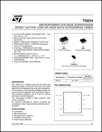 TS834 datasheet: MICROPOWER VOLTAGE SUPERVISOR RESET ACTIVE LOW OR HIGH WITH INTEGRATED TIMER TS834