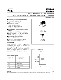 M34D64 datasheet: 64/32 KBIT SERIAL I2C BUS EEPROM WITH HARDWARE WRITE CONTROL ON TOP QUARTER OF MEMORY M34D64