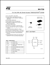 M41T56 datasheet: 512 BIT (64B X 8) SERIAL ACCESS TIMEKEEPER SRAM M41T56
