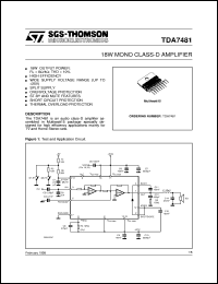 TDA7481 datasheet: 18W MONO CLASS D AMPLIFIER TDA7481