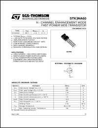 STK3NA60 datasheet: N-CHANNEL ENHANCEMENT MODE FAST POWER MOS TRANSISTOR STK3NA60